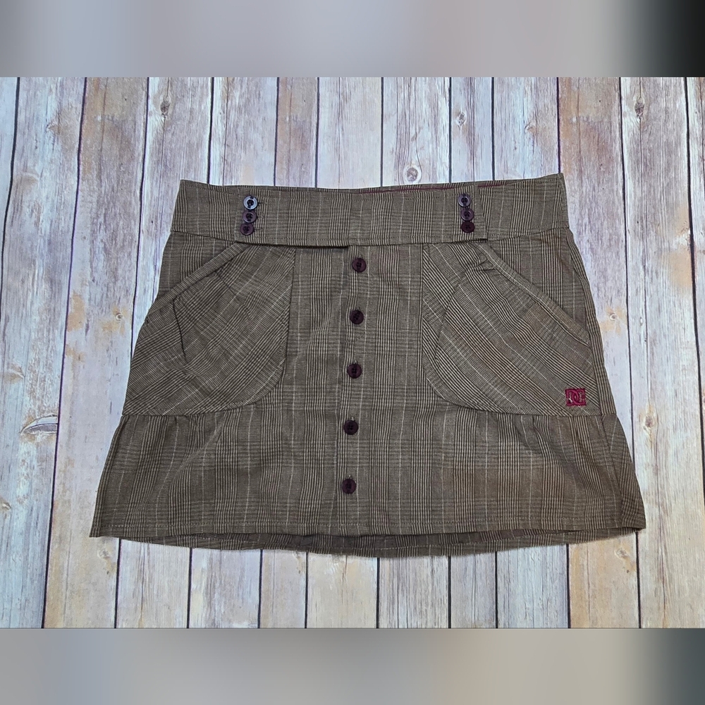 DC Plaid Brown Pink Accents Mini Skirt with Button Details
